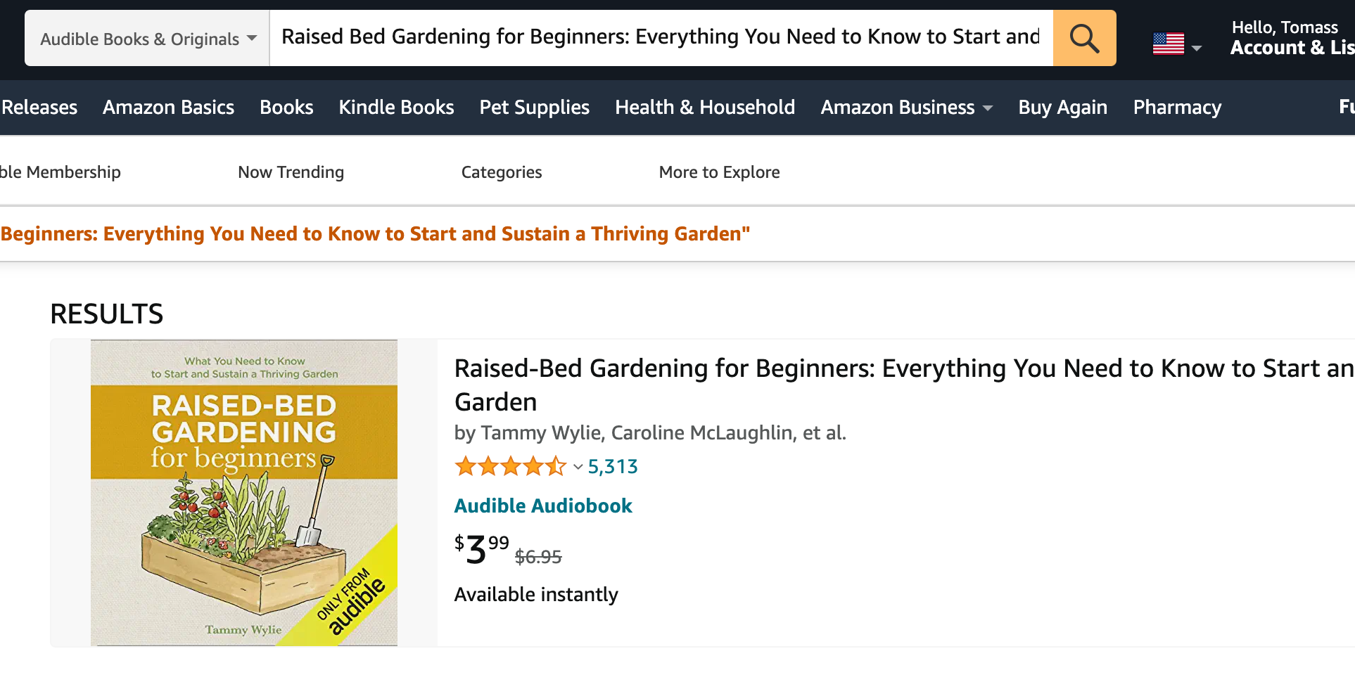 Looking up an audiobook on Amazon