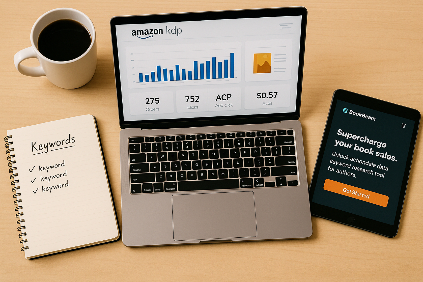 Flat-lay of a laptop displaying Amazon KDP analytics alongside BookBeam keyword research tools, surrounded by author planning notes and coffee on a modern desk, representing a data-driven strategy to recover from a poor book launch.