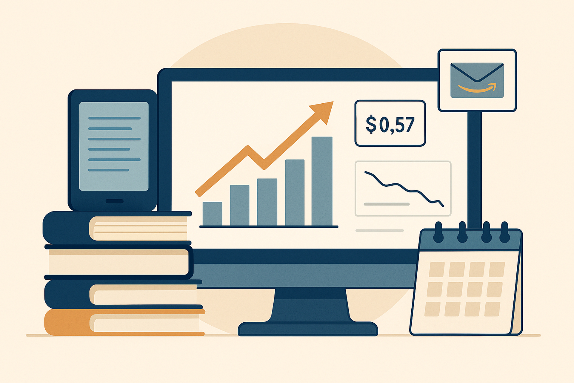 Illustration of book marketing analytics on a digital dashboard next to a stack of books, symbolizing KDP promotion costs and strategy planning.
