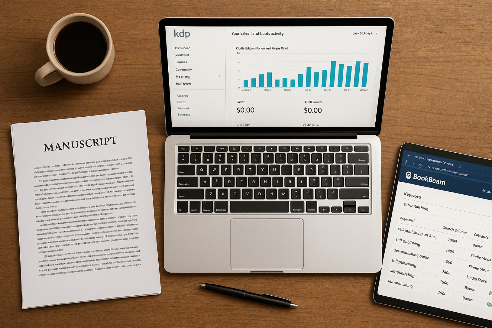 Self-published author preparing a paperback manuscript for Amazon KDP using a laptop with BookBeam tools and printed draft pages.