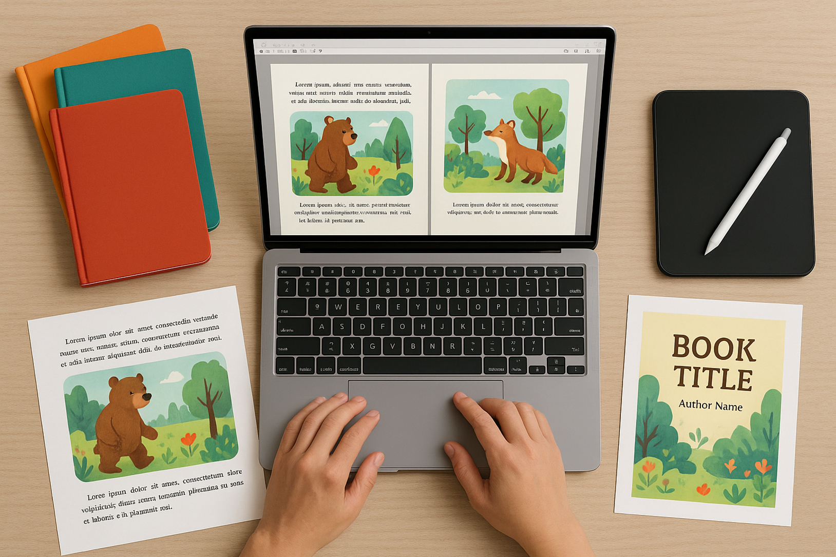 Author preparing an illustrated book for Amazon using digital tools, artwork drafts, and publishing materials.