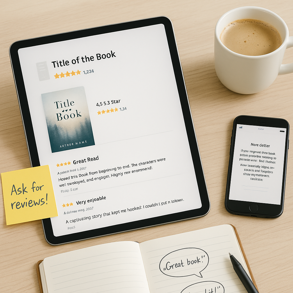 A workspace with a tablet displaying Amazon book reviews, a handwritten reminder to ask for reviews, a phone showing a review request email, and notes with reader feedback, symbolizing the importance of social proof and audience connection in book promotion.
