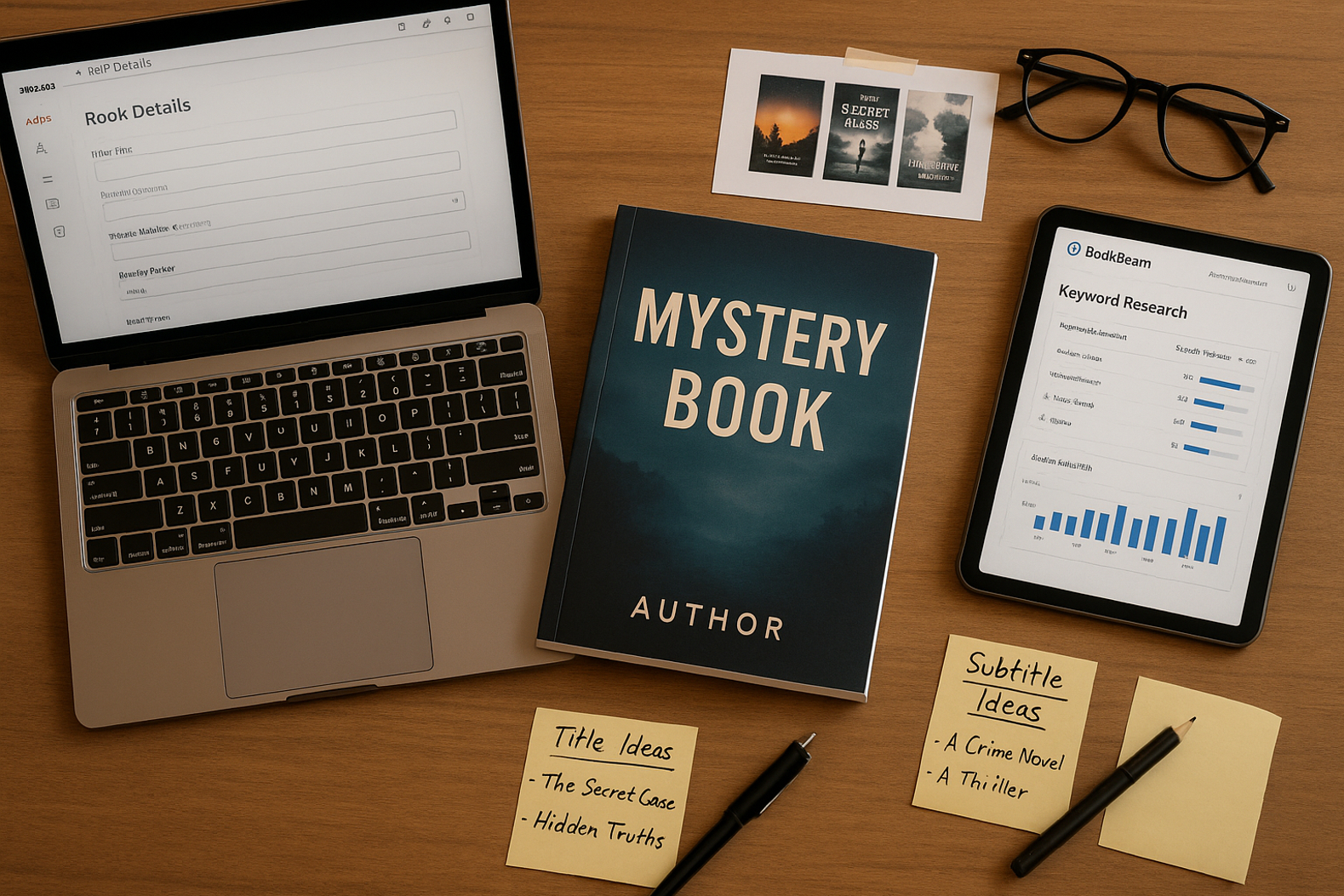 A creative workspace with a laptop showing Amazon KDP’s book details page, a printed paperback with a custom cover, BookBeam’s analytics on a tablet, and handwritten title ideas, representing pre-launch book optimization strategies.