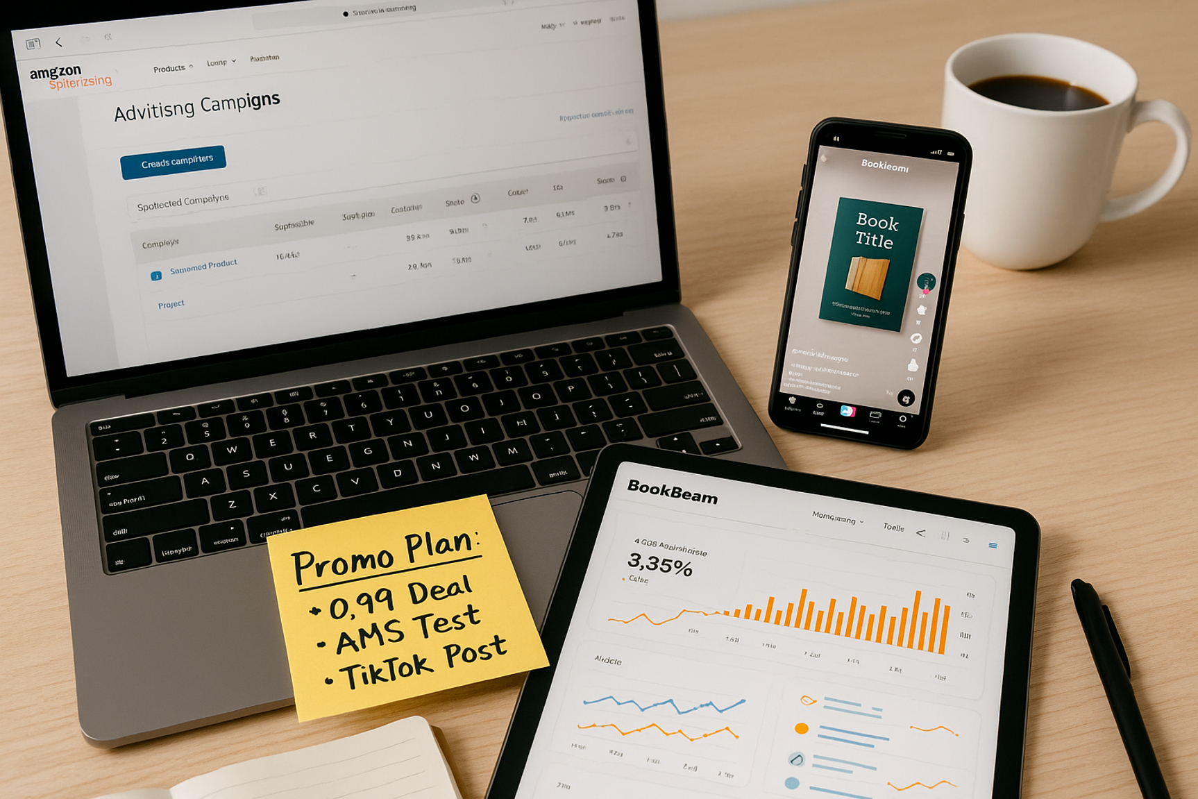 A digital marketing desk setup featuring a laptop with Amazon ads, a tablet showing BookBeam performance analytics, a phone displaying a social media post, and a promo plan note, illustrating strategic book promotion tools in action.