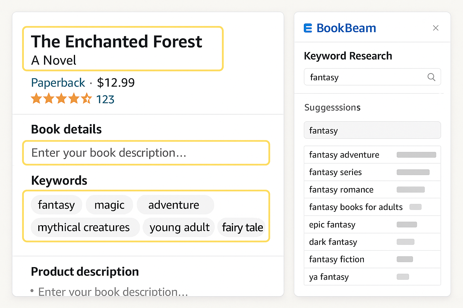 Amazon self-publishing book listing being optimized with keywords and metadata using BookBeam insights and tools.
