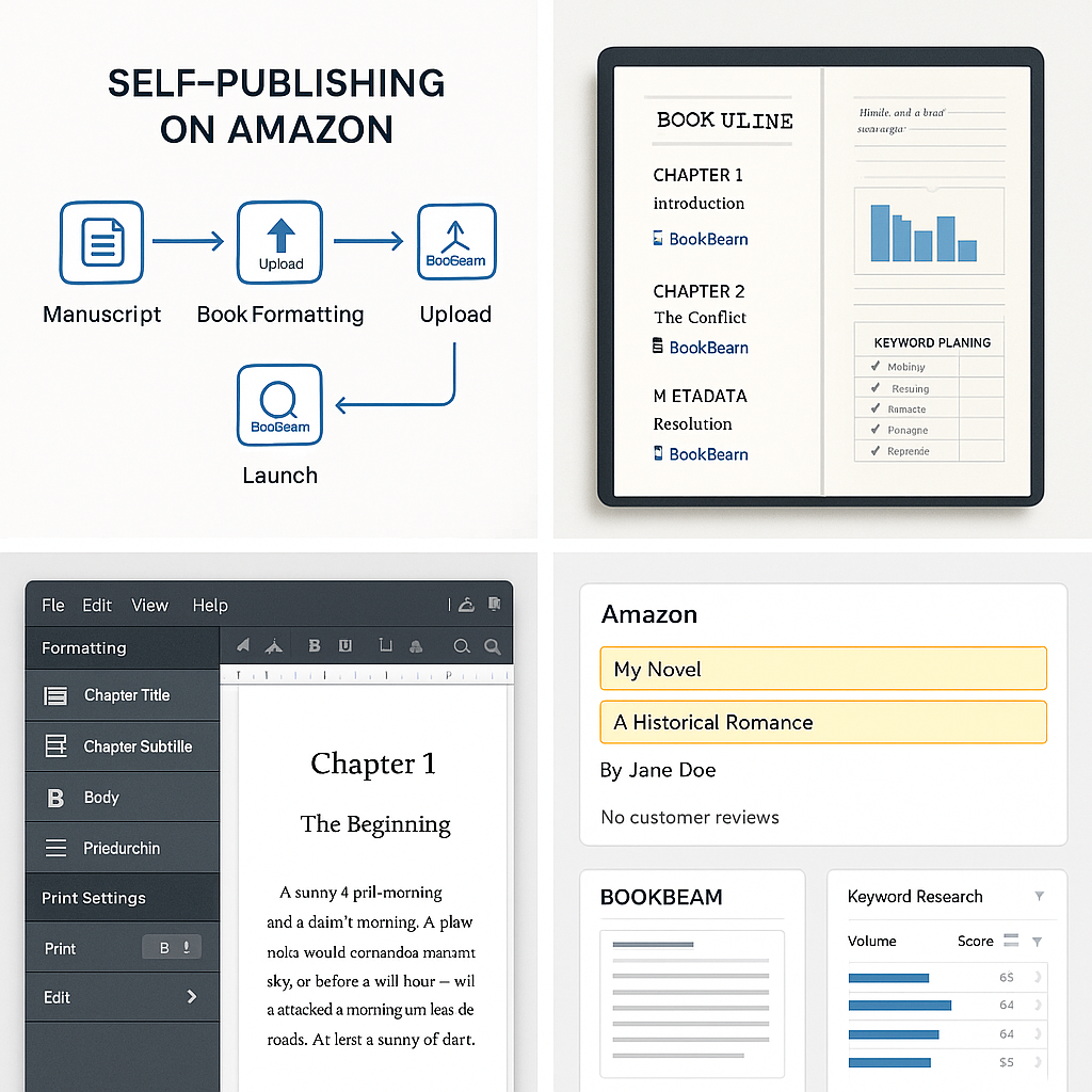 Step-by-step visual guide of the Amazon self-publishing process for indie authors using Kindle Direct Publishing and BookBeam tools.