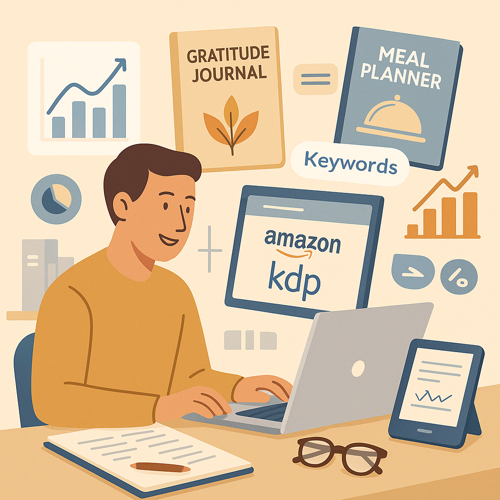 Illustration of a self-publisher analyzing Amazon KDP niche data on a laptop, surrounded by floating book covers and analytics charts, representing niche research and book marketing strategy.