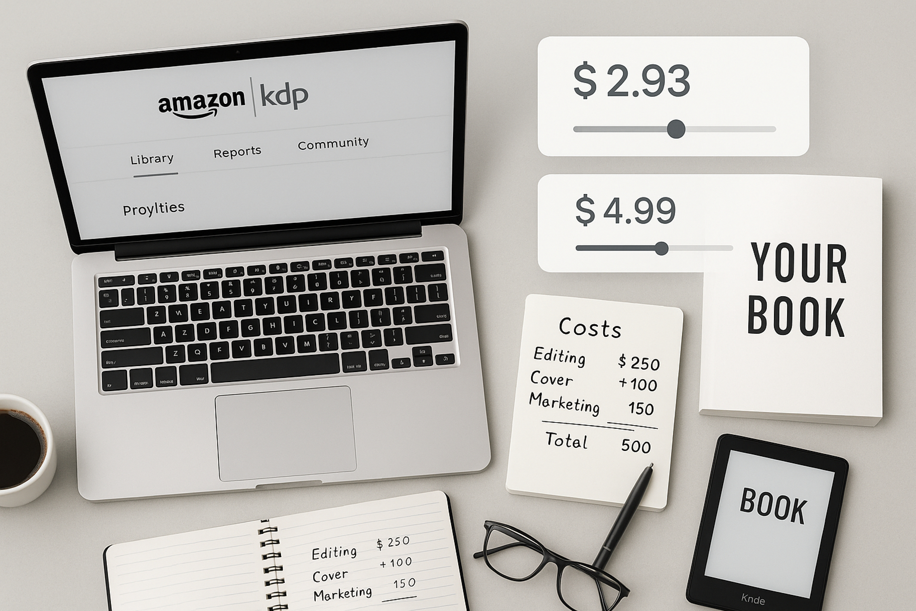 A top-down view of a self-publishing setup featuring a laptop with the Amazon KDP dashboard, a printed book mock-up, and notes detailing editing and marketing costs, visually representing the costs and tools involved in publishing on Kindle Direct Publishing.