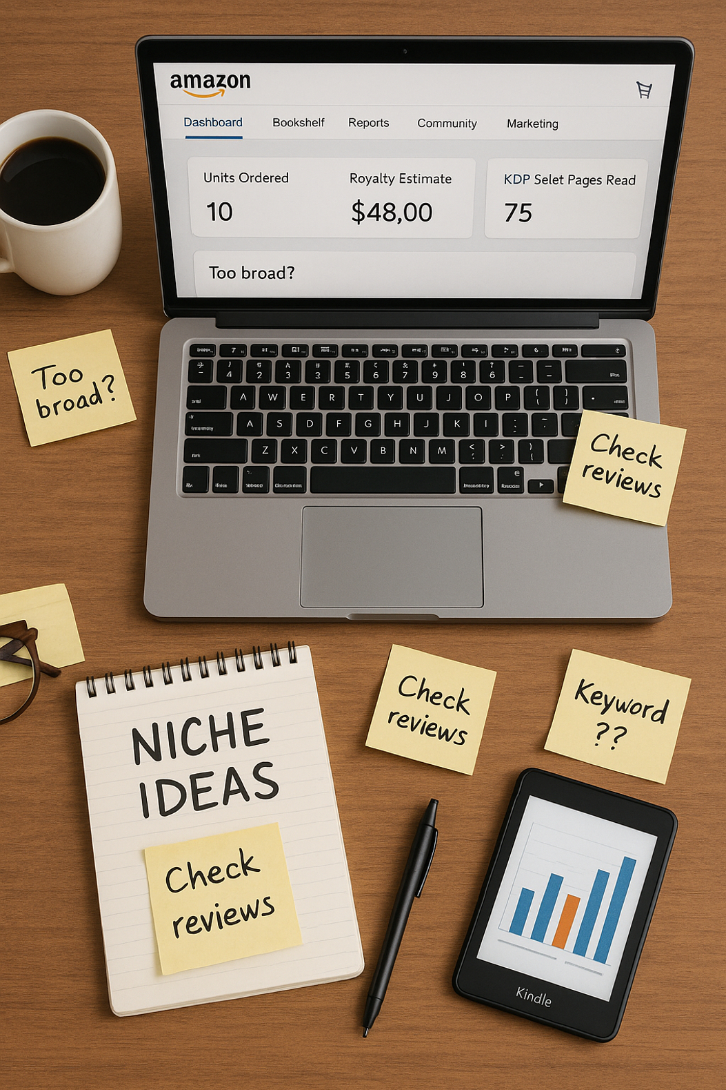 Overhead view of a desk with a laptop showing Amazon KDP, a notepad with niche research notes, and sticky notes with questions about keywords and market demand, representing beginner mistakes in self-publishing.