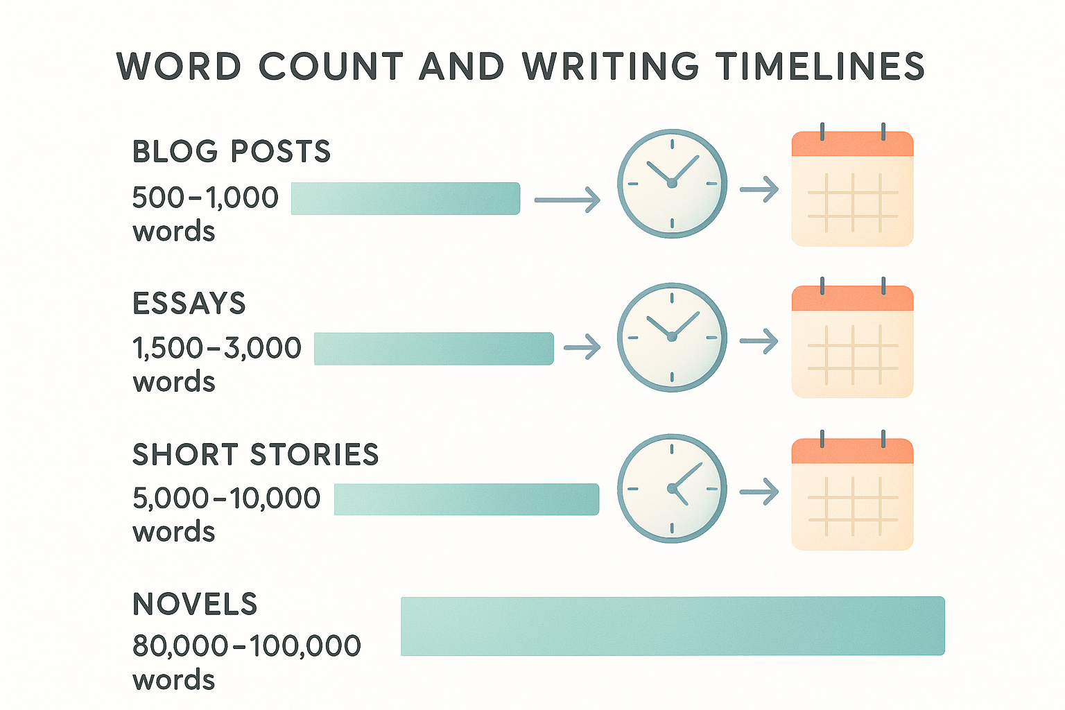 Minimalist infographic showing horizontal bar graphs and color-coded timelines linking word counts of blog posts, essays, short stories, and novels to estimated writing timelines—featuring clock icons, calendar pages, blue and gray arrows, sans-serif headers, hand-drawn details, and a white background.