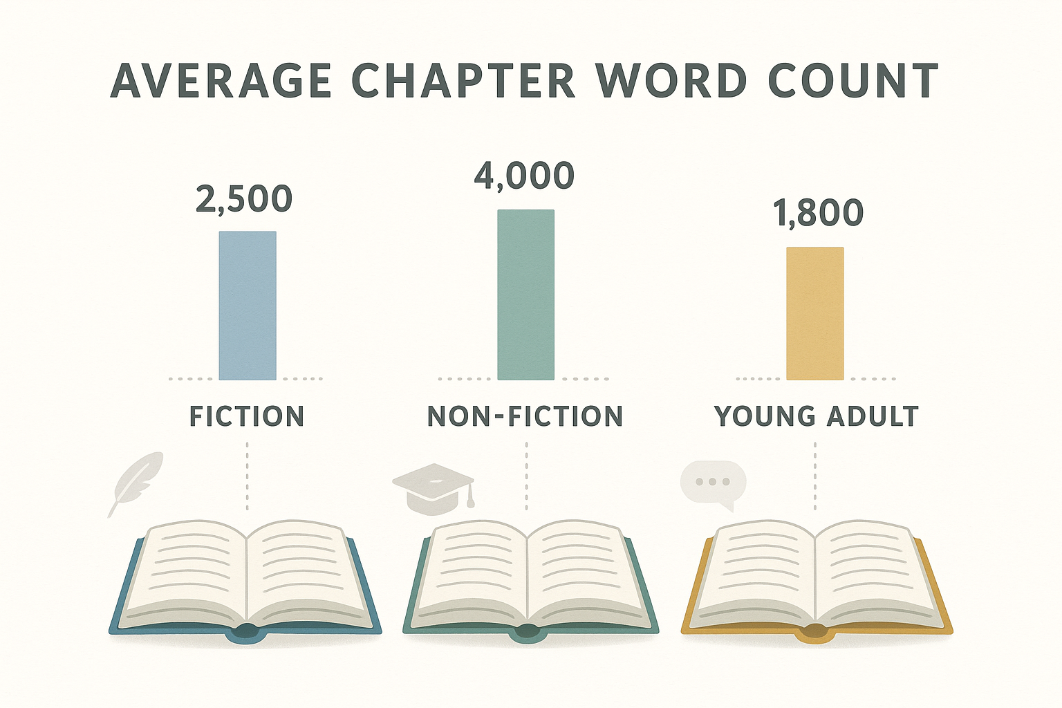 Infographic poster compares average chapter word counts for fiction, non-fiction, and young adult genres. Stacked open books, genre-specific icons, and bar graphs use soft colors. Title and headings in clear sans-serif font. White background, clean design, and dotted guiding lines enhance readability.