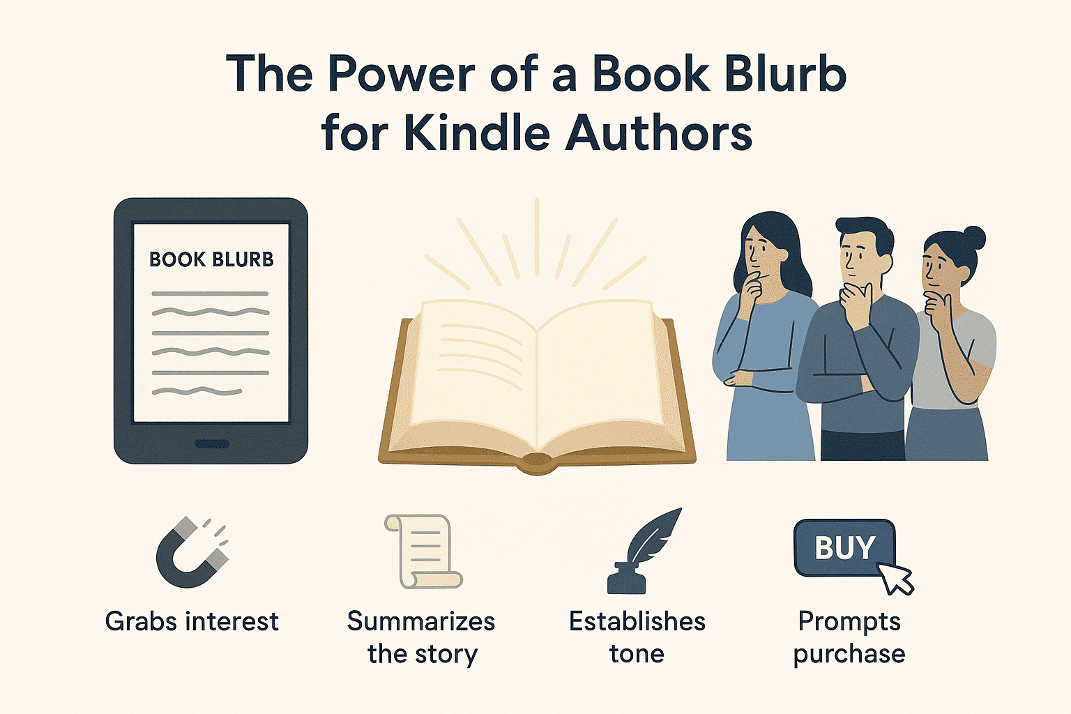 Educational infographic poster showing the purpose of a book blurb for Kindle authors, with illustrated icons for grabbing interest, summarizing, setting tone, and prompting purchase; features a stylized open book, Kindle e-reader, and potential readers, all in a clean, friendly vector style