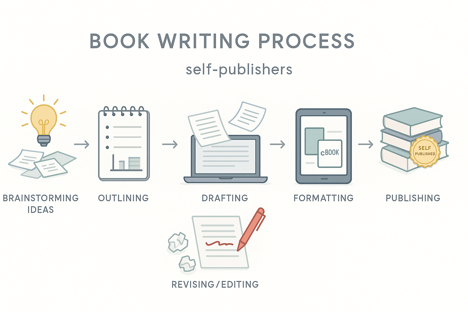 Minimalist infographic showing six stages of the self-publishing book writing process: brainstorming, outlining, drafting, revising/editing, formatting, and publishing. Each stage is visually represented with clean vector icons, connected by arrows, on a white background for clarity and accessibility.